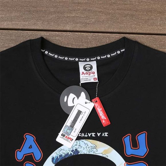 AAPE Monkey Head Wave Print Logo T-Shirt - Black Short Sleeve - Picture 12 of 13